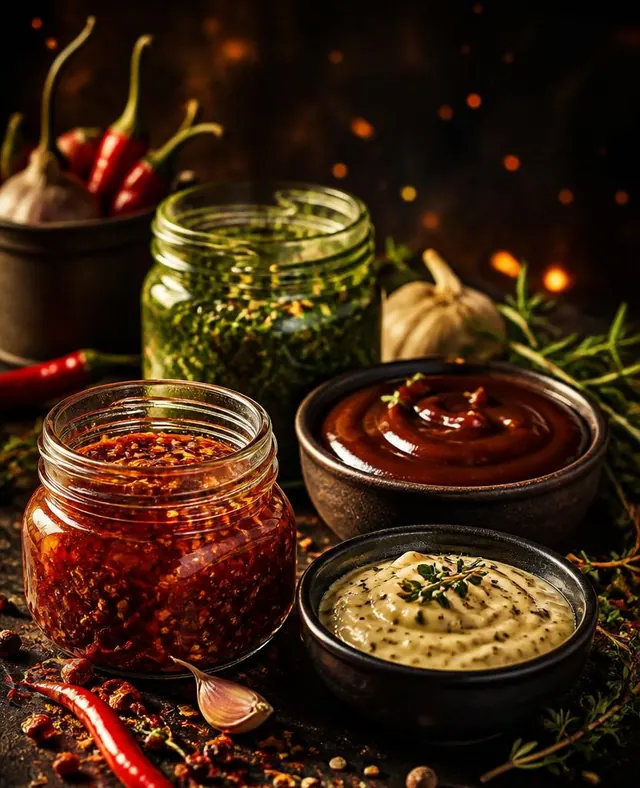 Molhos caseiros e molhos de pimenta em bowls e garrafas