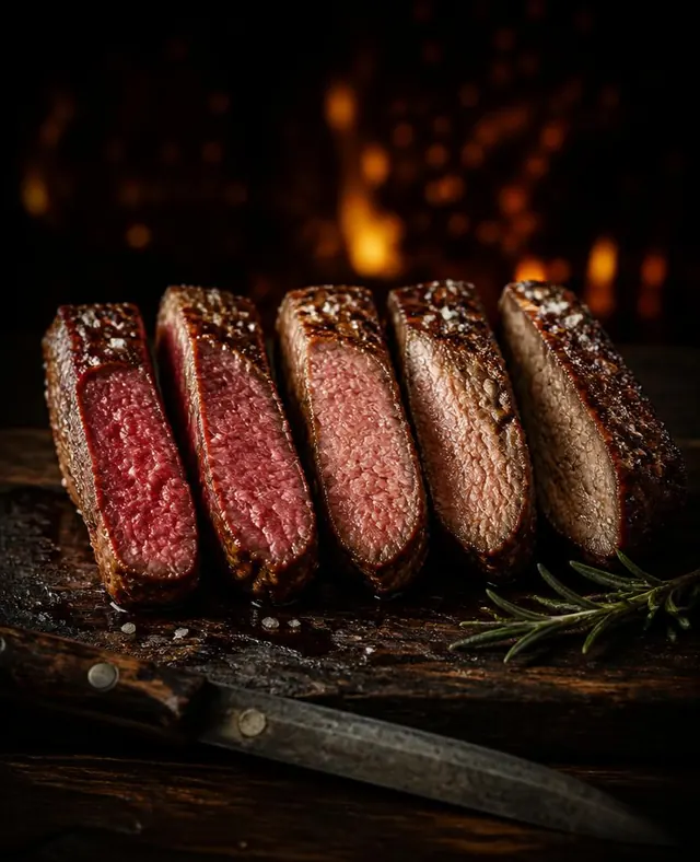 Fatias de carne em diferentes pontos de cocção sobre tábua escura