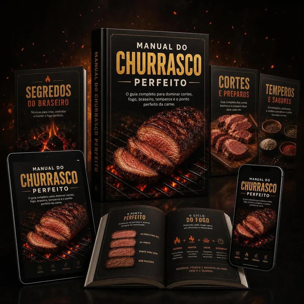 E-books do Manual do Churrasco Perfeito em capas, tablet e celular